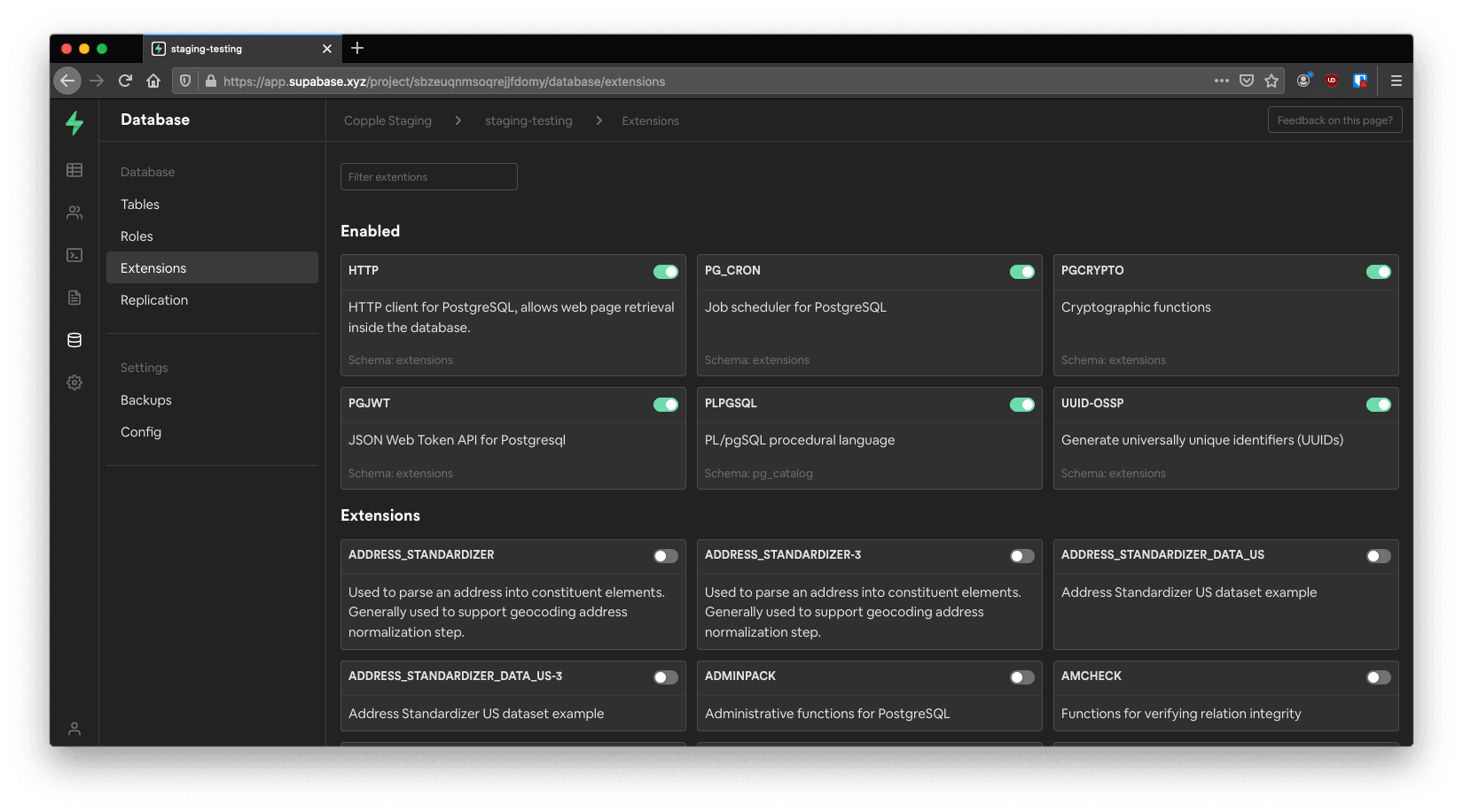 This image shows that pg_cron is enabled in the Supabase Dashboard